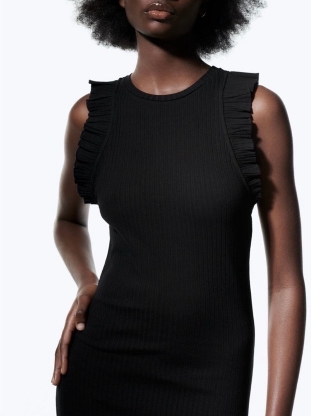 NWT Zara Black Ruffle Ribbed Dress - Picture 4 of 4